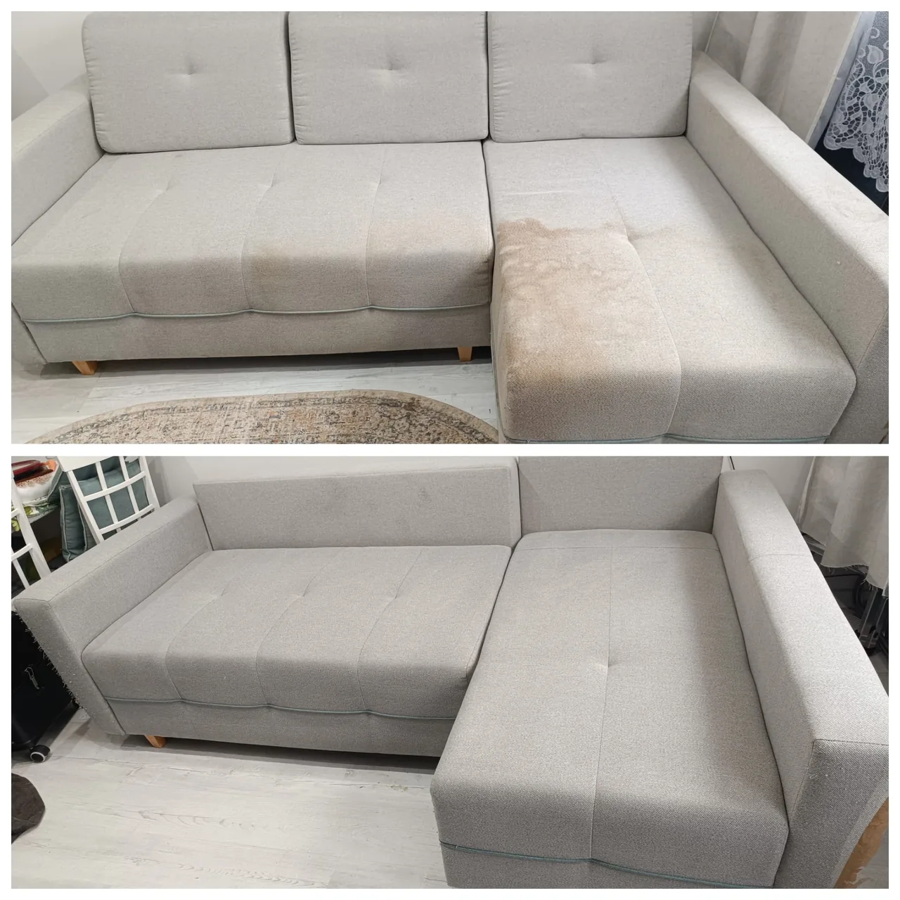 Jasny narożnik w salonie przed i po praniu tapicerki - usunięte zabrudzenia z siedziska i odświeżona cała powierzchnia